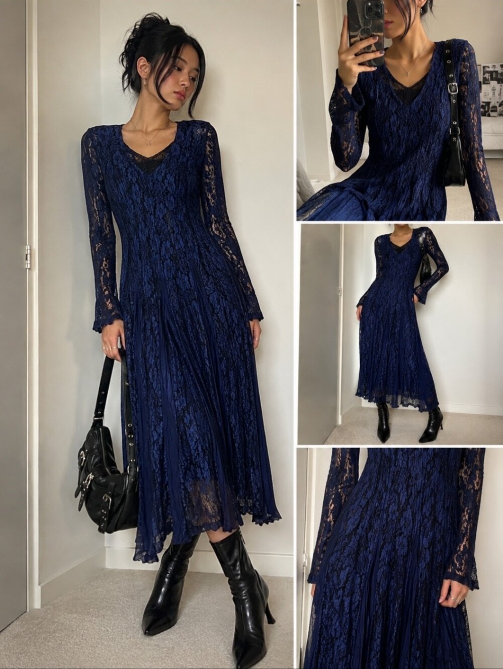 Vintage Notalgia Blue Lace Maxi Dress Dark Romantic Whimy Goth Y2k Long Sleeves